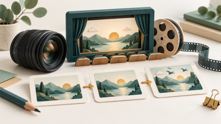 Metapher: Kamera, Filmrahmen und zusammengehörige Storyboard-Karten.