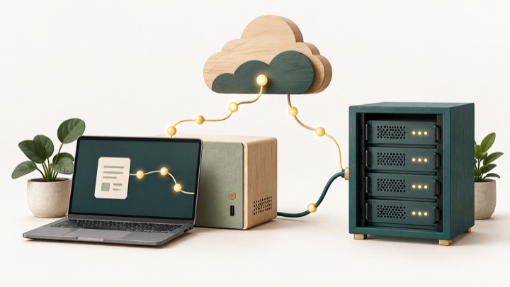 Metapher: Eigener Computer, kleiner Server und Cloud sind miteinander verbunden.