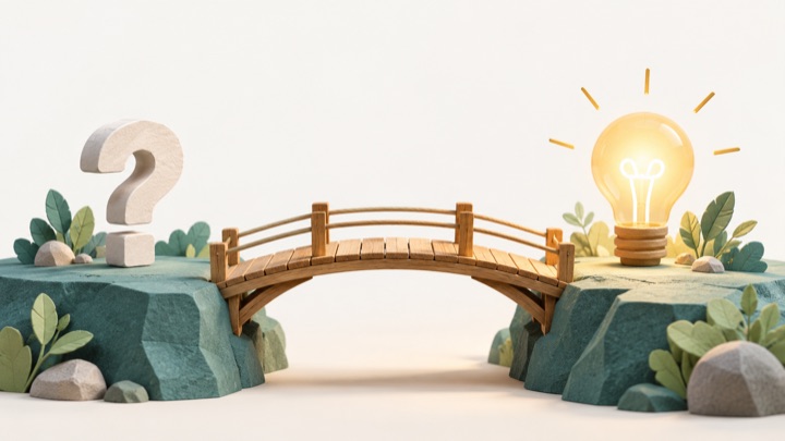 Metapher: Eine kleine Brücke führt von einer Frage zu einer leuchtenden Idee.