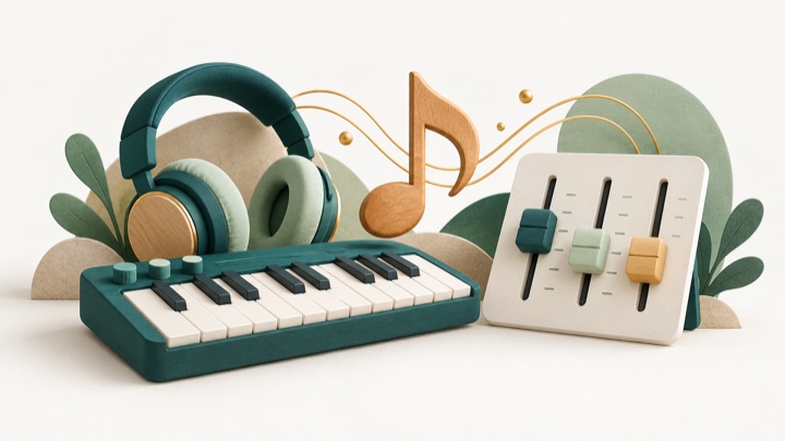 Metapher: Keyboard, Kopfhörer und Regler für die eigene Musikproduktion.