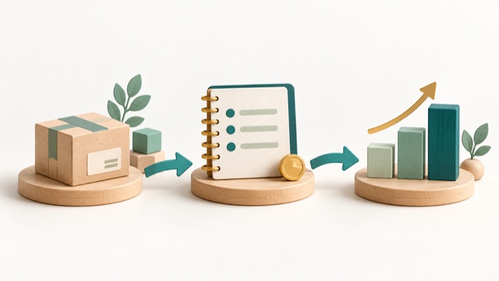 Metapher: Paket, Geschäftsbuch und Diagramm bilden einen zusammenhängenden Prozess.