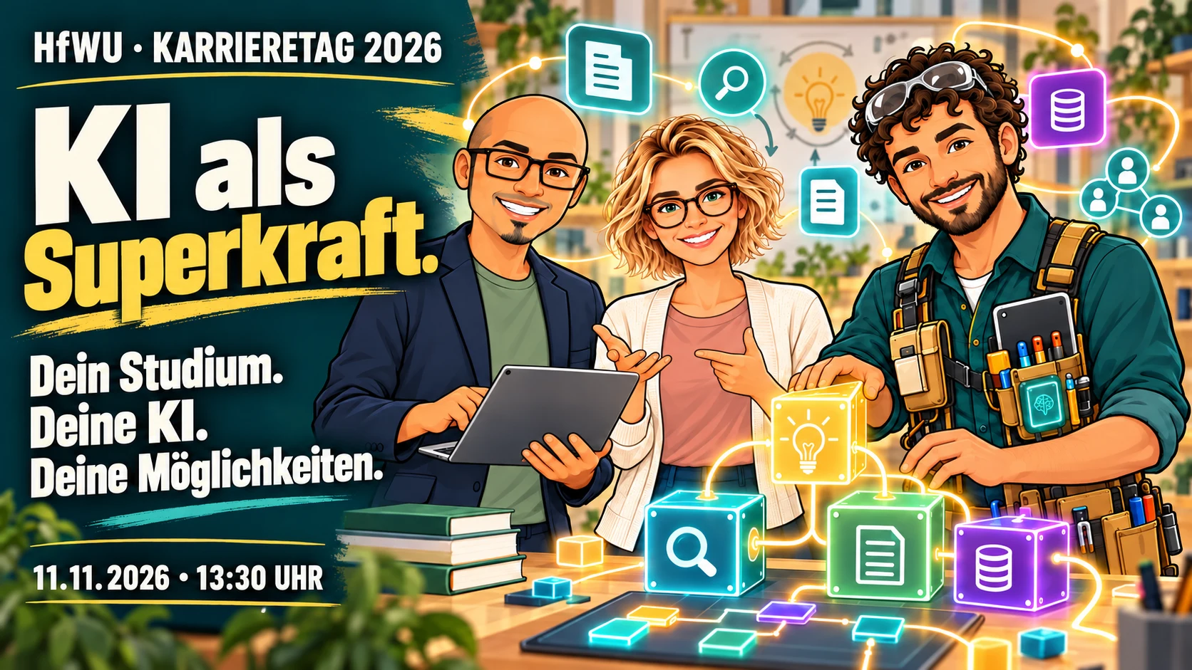 Comic-Thumbnail KI als Superkraft mit ProfEngel, Eve und Hugo dem HUBmeister in einem mit Tools, Dokumenten und Memory ausgestatteten Agenten-Harnisch
